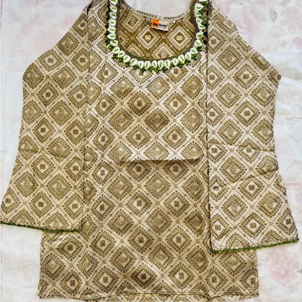 Beige Printed Women's Top Ethnic blouse with shine and beaded neckline GUC